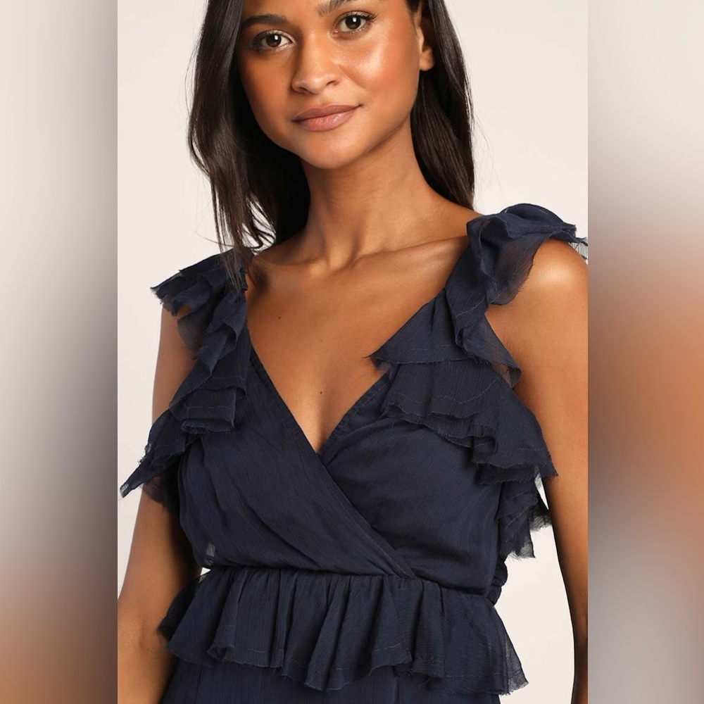NWT Lulus Navy blue Ruffle Chiffon Dress - Picture 3 of 8
